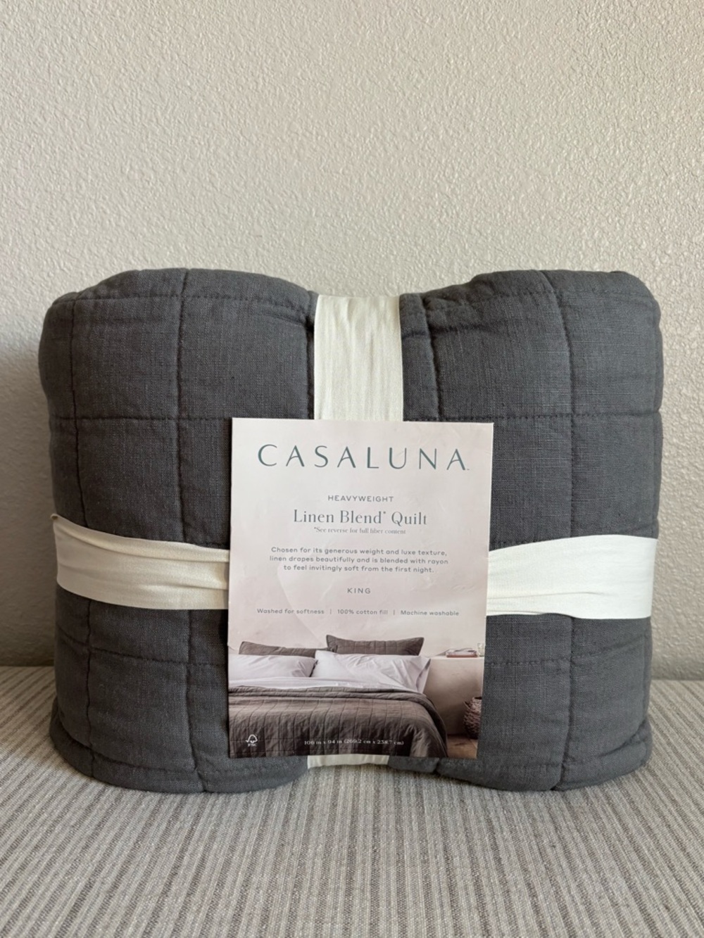 NWT King Heavyweight Linen Blend Quilt Dark Gray - Casaluna